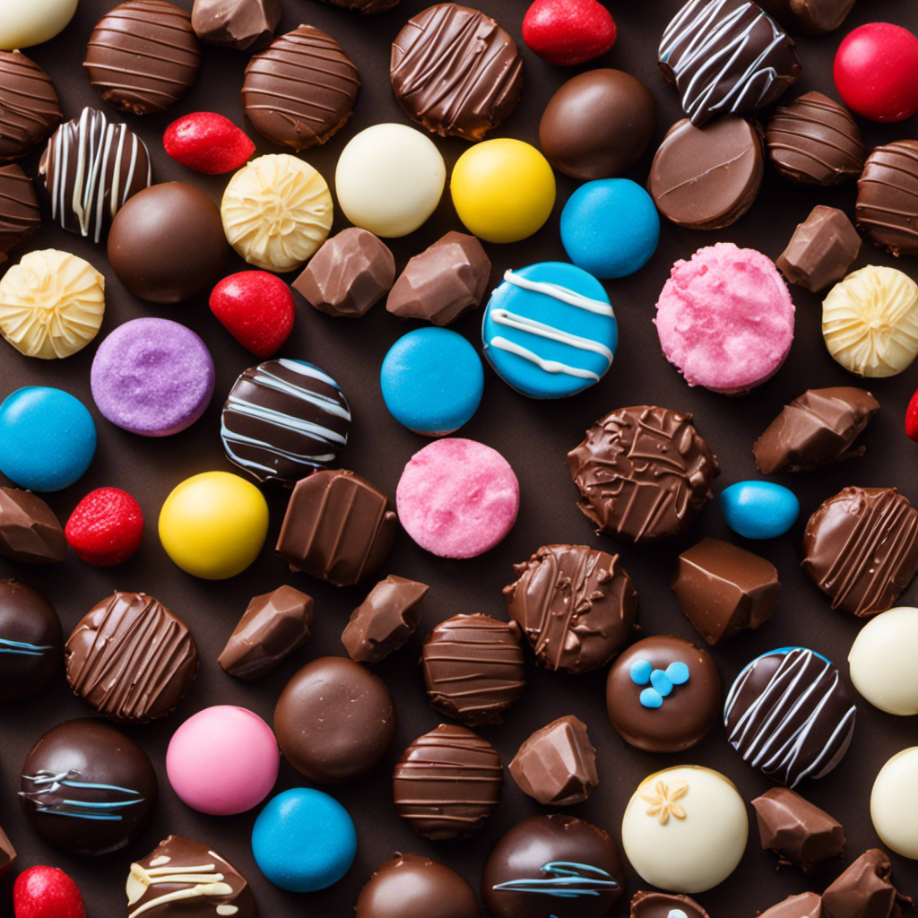 An image showcasing a pile of assorted chocolates, each labeled with the equivalent number of teaspoons of sugar they contain, totaling 32