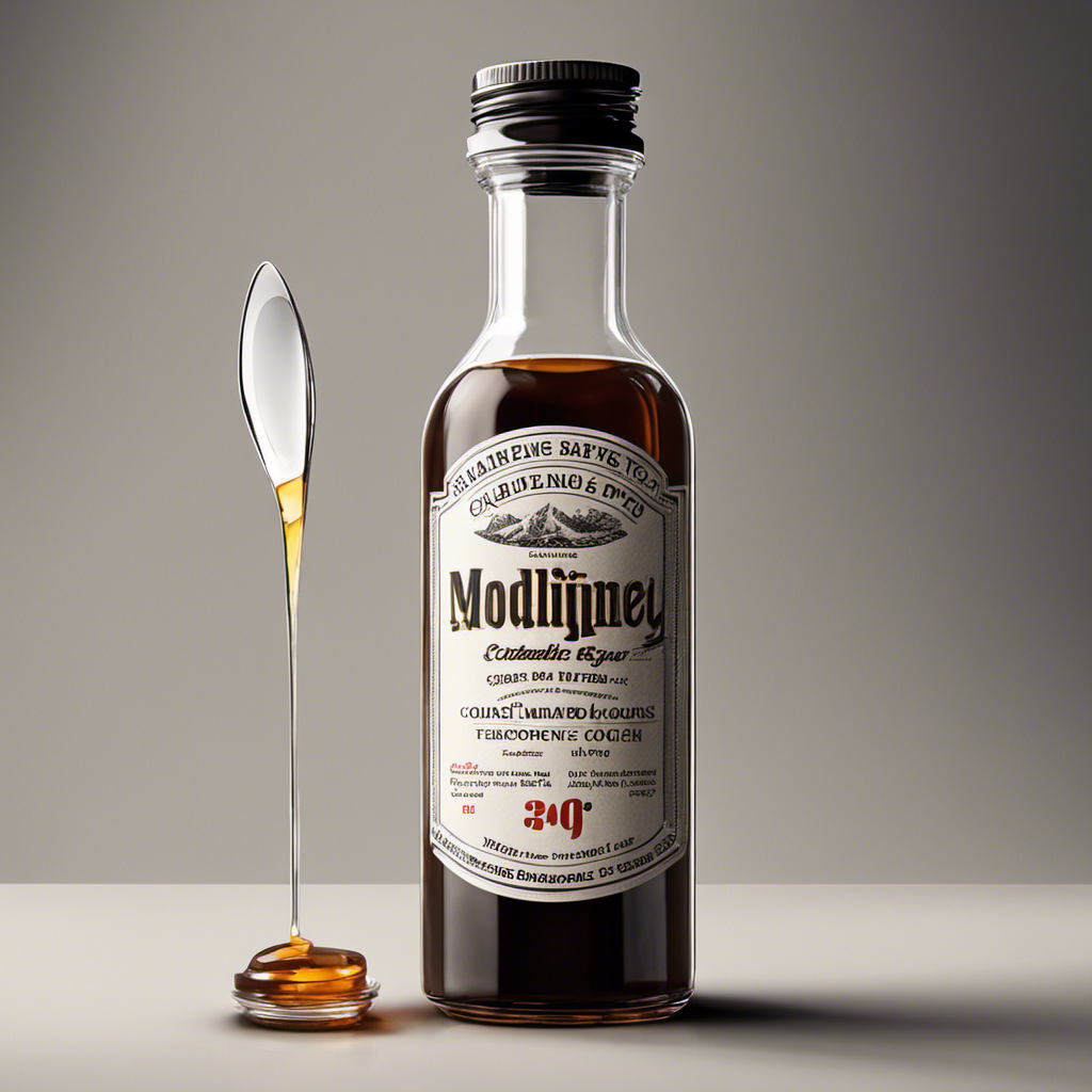An image depicting a clear, labeled medicine bottle with two teaspoons pouring into a measuring cup that holds 30 ml of liquid cough syrup