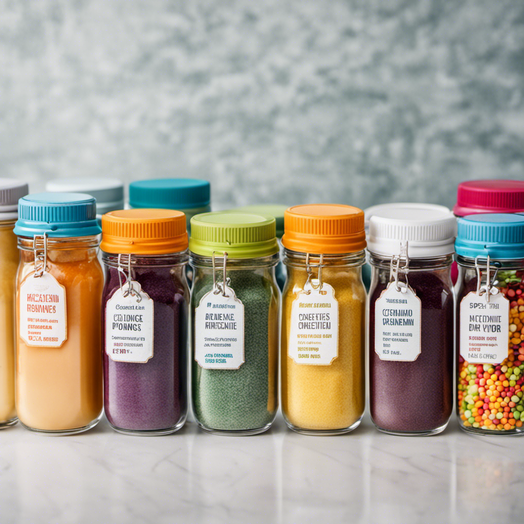An image showcasing a colorful kitchen counter with a teaspoon filled with creatine powder, next to a neatly arranged row of labeled glass jars, each representing the suggested daily dosage for different individuals
