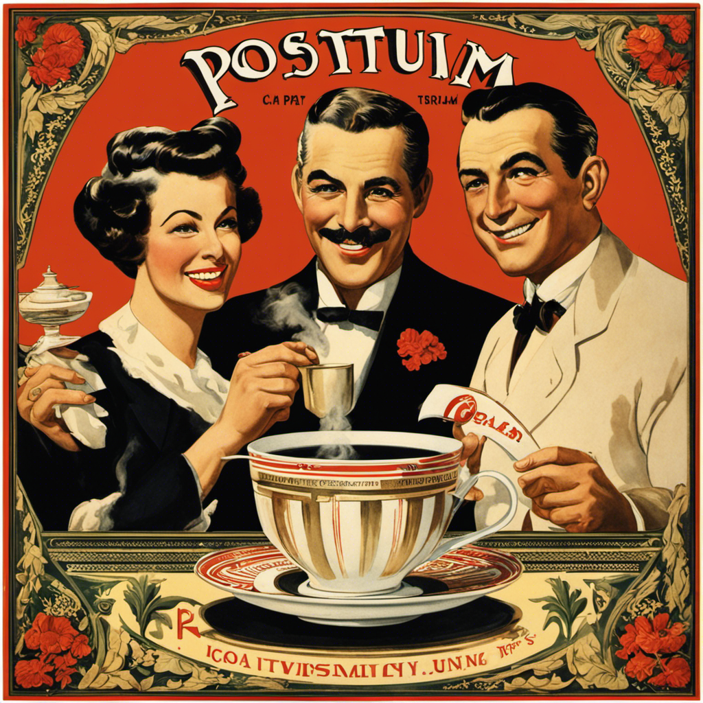 An image showcasing a vintage advertisement for Postum, featuring a happy family gathered around a steaming cup, as a subtle representation of the monetary value exchanged between the people and Kraft
