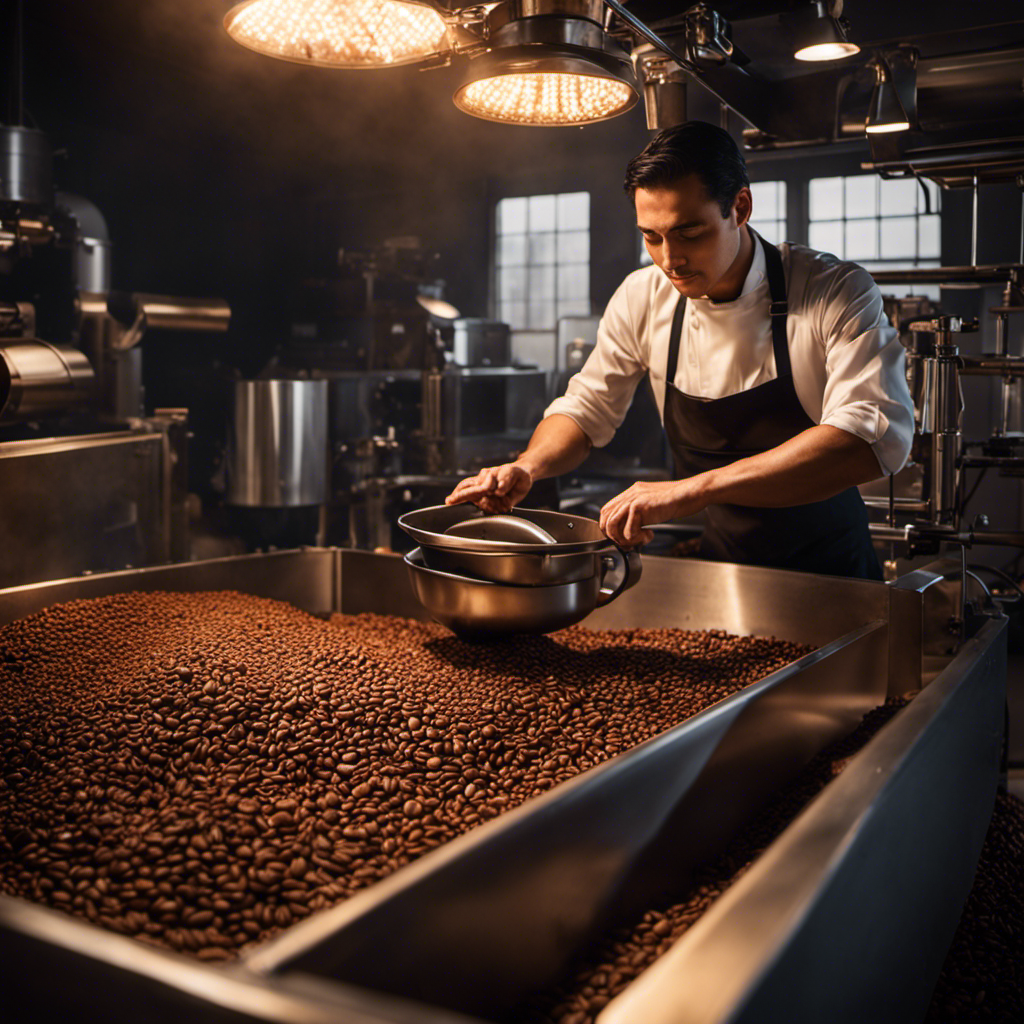 An image that portrays a roaster at work, surrounded by bags of coffee beans in a dimly lit room