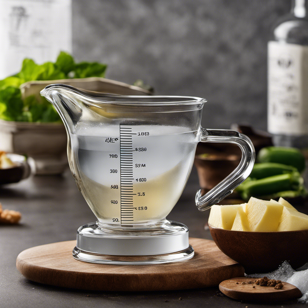 An image showcasing a clear glass measuring cup filled to the 1