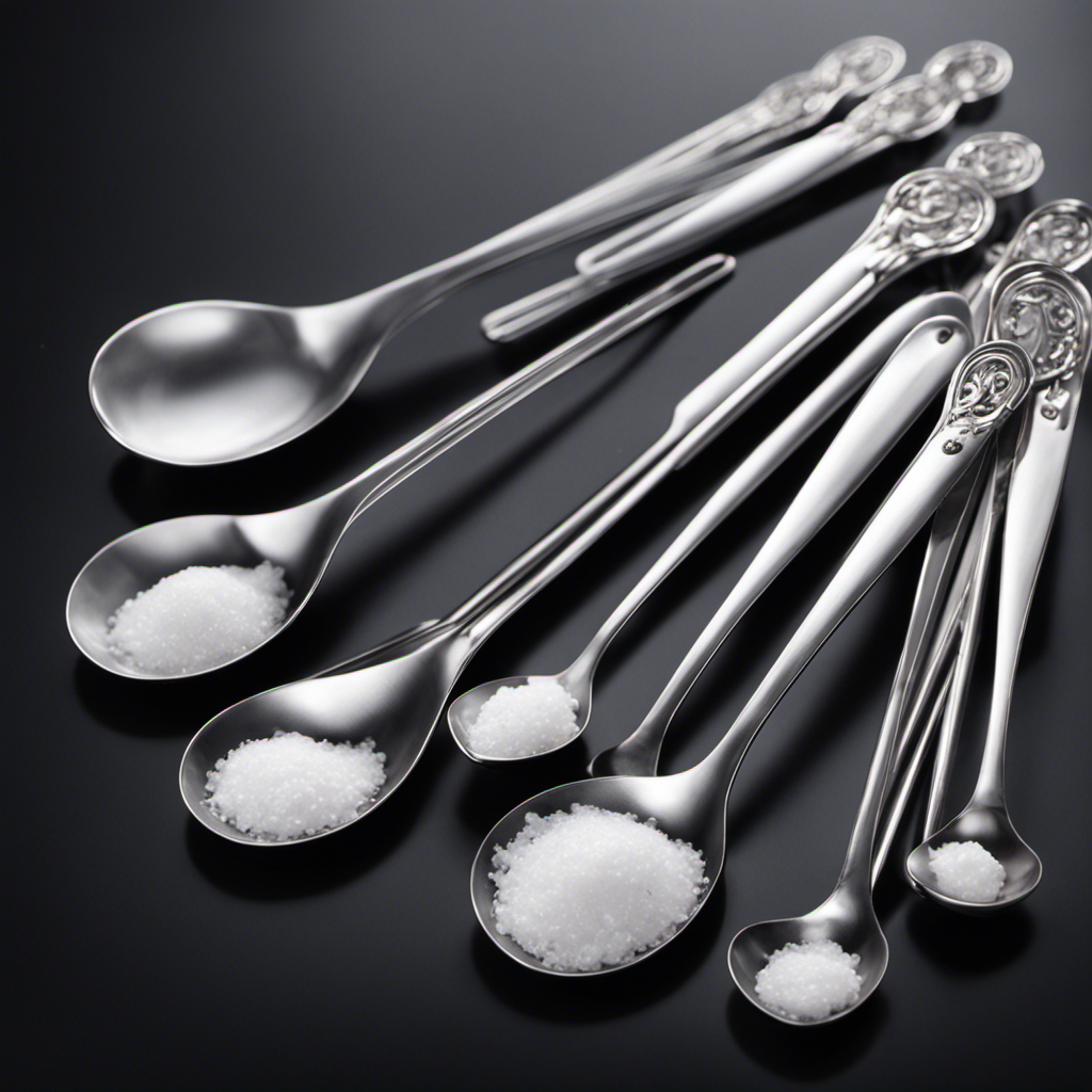 An image showcasing a transparent measuring spoon filled with 1000 mg of salt, gently pouring it into a stack of empty teaspoons