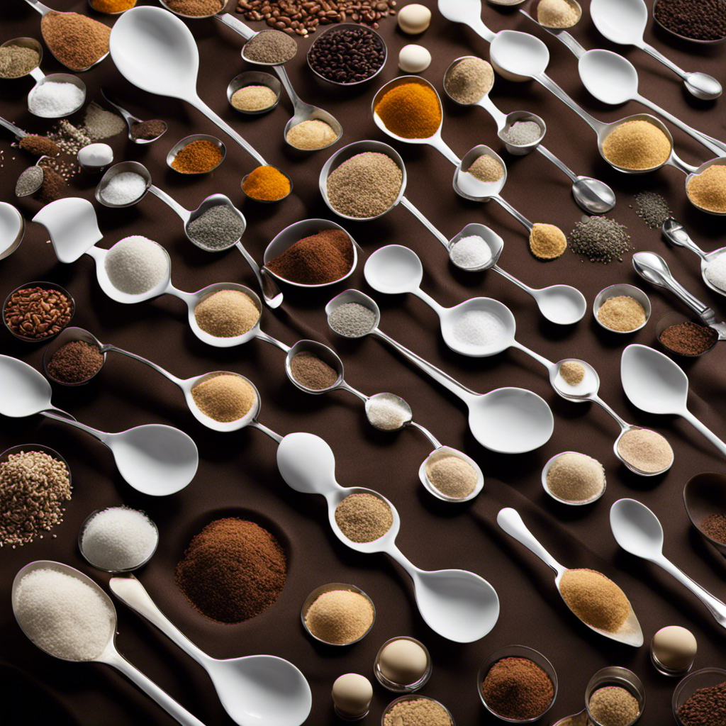 An image that showcases 13 neatly stacked teaspoons, each filled with a different substance, such as sugar, salt, flour, coffee grounds, etc
