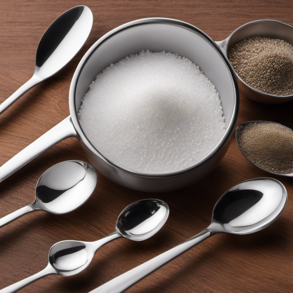 An image showcasing 15 identical teaspoons filled to the brim with salt, neatly arranged on a scale