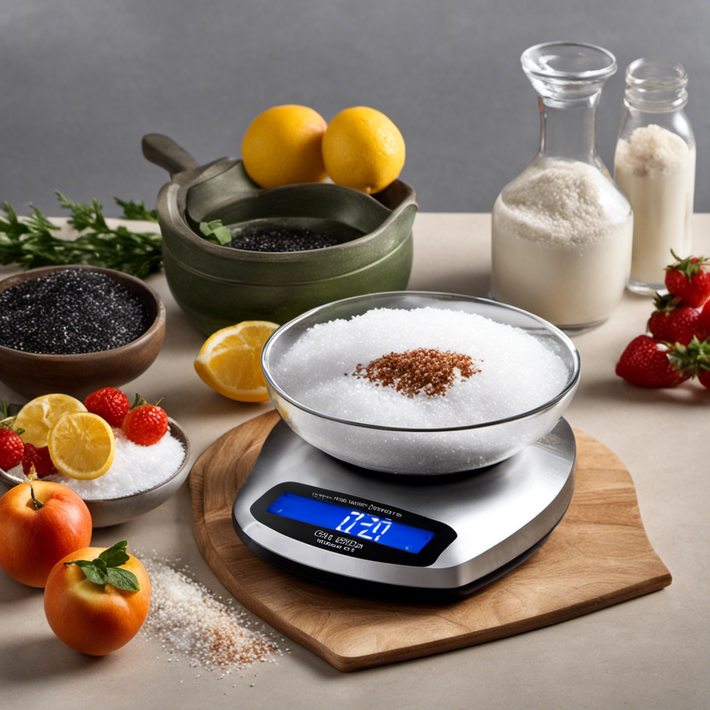 An image depicting a digital kitchen scale with a small pile of salt, precisely measuring 2 1/2 teaspoons