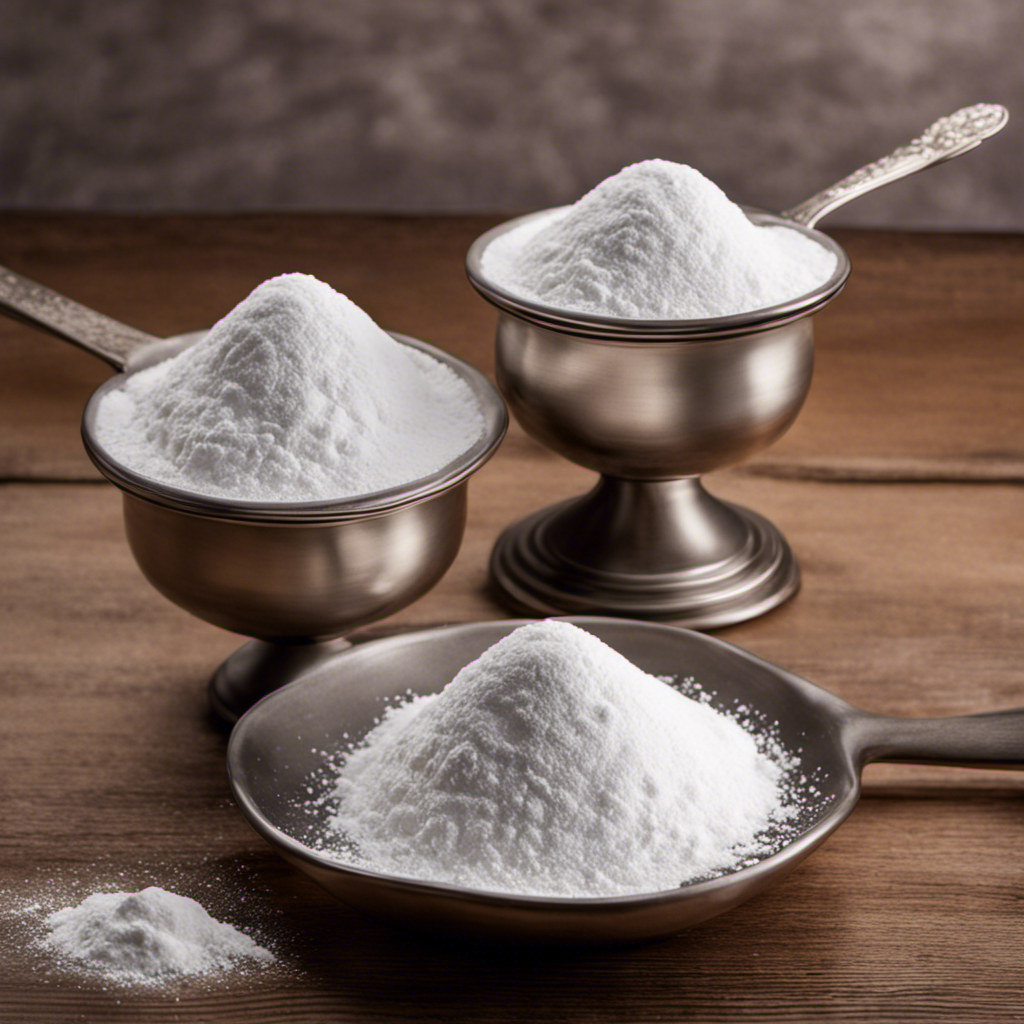 An image showcasing two identical teaspoons filled to the brim with fluffy white baking powder
