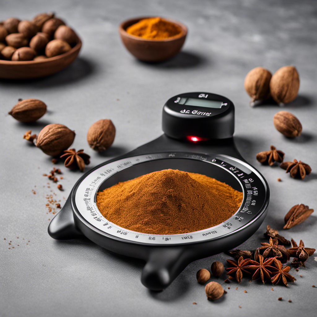 An image featuring a precise digital kitchen scale displaying the weight of 2 teaspoons of fragrant nutmeg in grams, with the spice gently piled beside it, conveying the exact measurement and inviting readers to explore the blog post