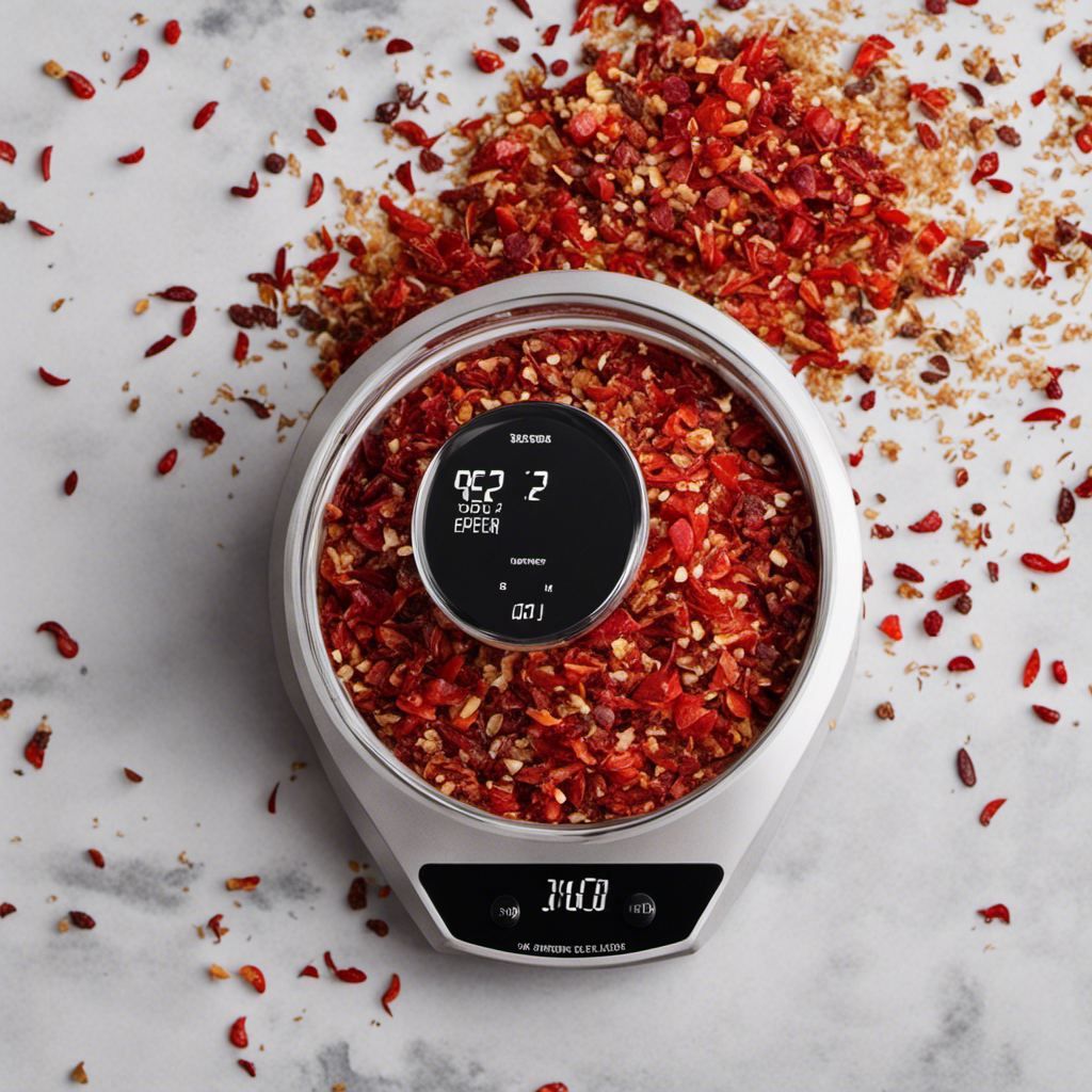 An image capturing the precise weight of 2 teaspoons of fiery red pepper flakes