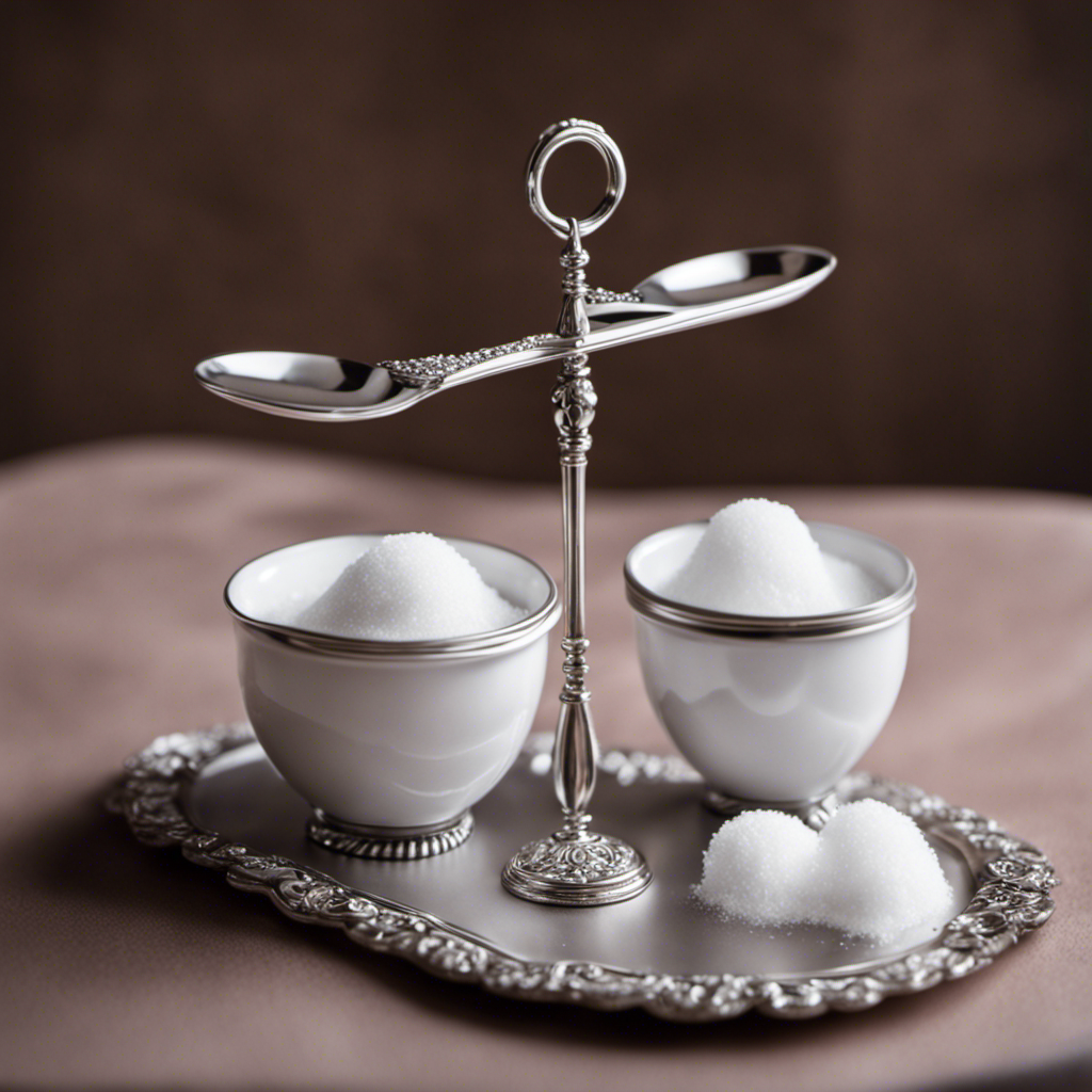 An image showcasing two elegant silver teaspoons delicately holding a fluffy white sugar mound, perfectly balanced on a scale