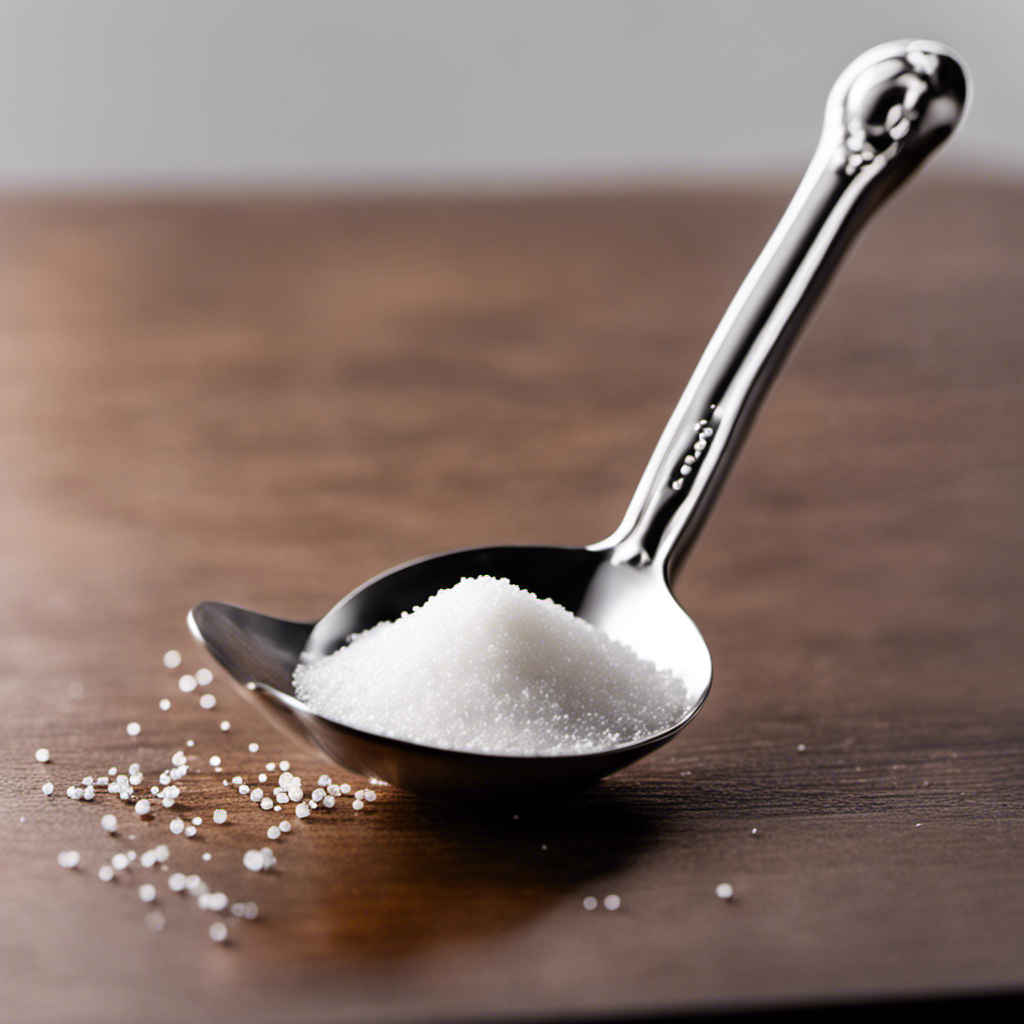 An image showcasing a transparent measuring spoon containing precisely 3 ounces of salt, with fine granules delicately pouring from it, forming a small mound on a kitchen countertop