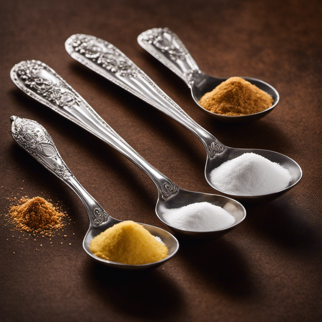 An image showcasing three identical teaspoons, each filled to the brim with different substances: one with sugar, another with salt, and the last with flour