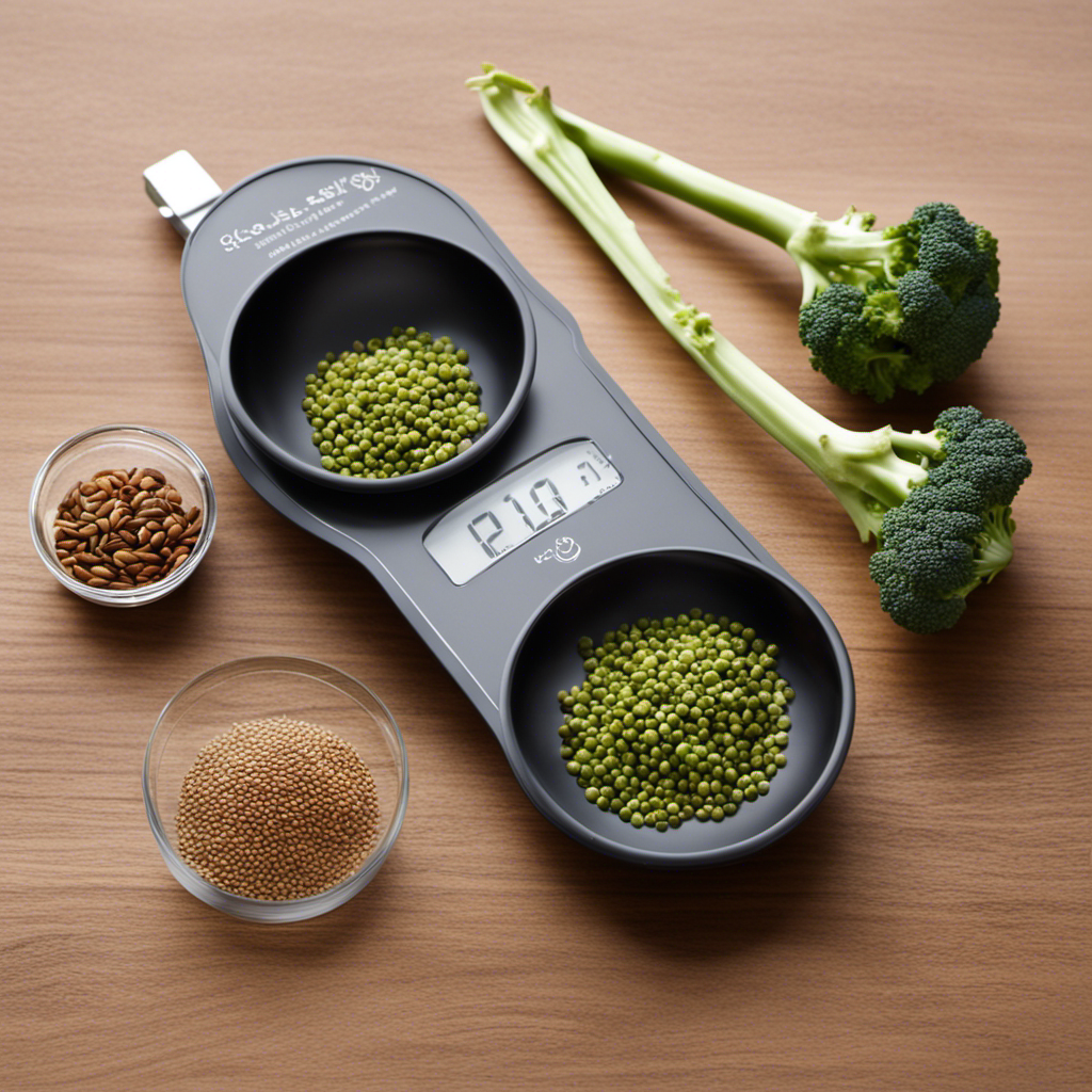 An image showcasing three precise teaspoons filled with plump broccoli seeds, delicately balanced on a sleek digital scale