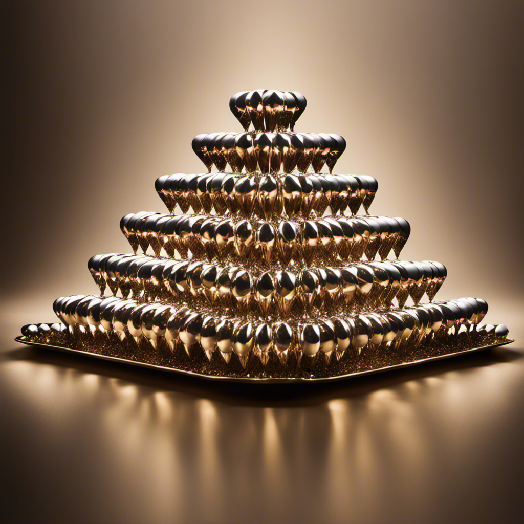 An image showcasing a pile of 75 delicate teaspoons, elegantly arranged in a pyramid-like structure, shimmering under soft lighting, evoking a sense of abundance and curiosity