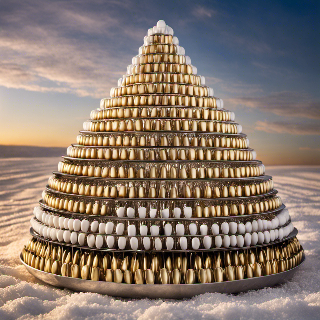 An image showcasing 80 stacked teaspoons, each filled with sugar, forming a towering pyramid