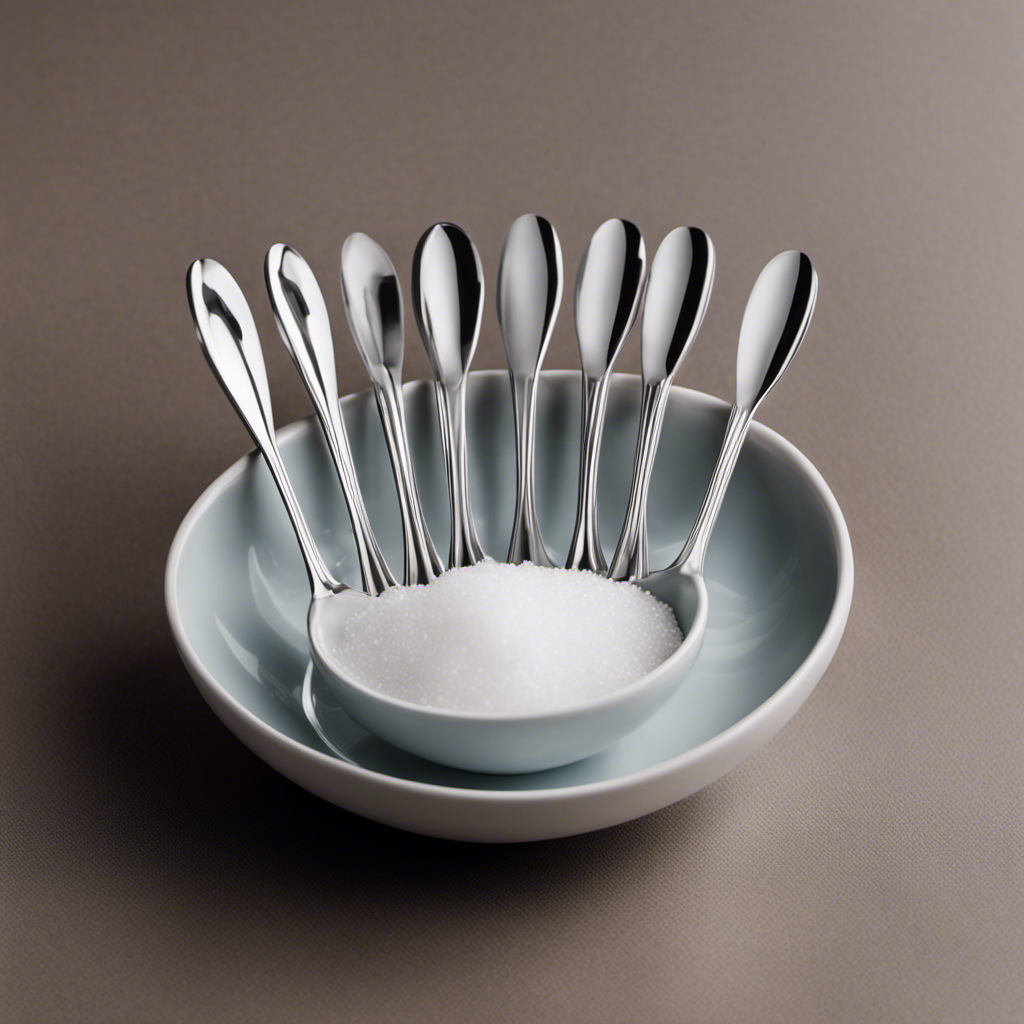 An image showcasing a collection of 9 identical teaspoons neatly arranged in a row, with a translucent measuring cup filled to the brim with granulated sugar, pouring precisely into the last teaspoon