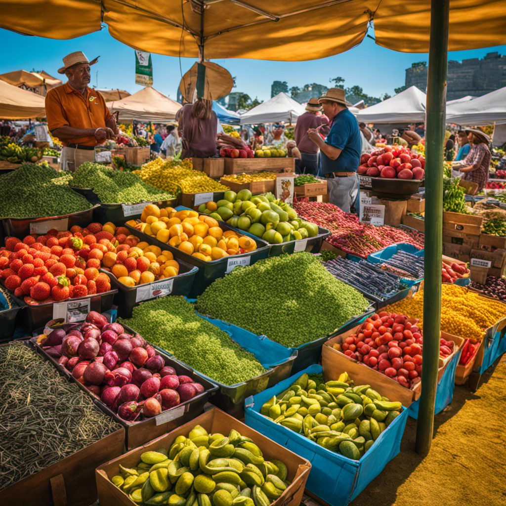 An image showcasing a vibrant, bustling farmer's market with a prominent vendor stall adorned with large, colorful Guayaki Yerba Mate packages, displaying their prices clearly