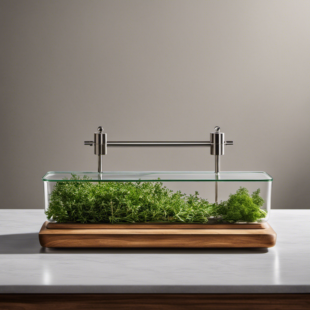 An image of a precision scale, with an elegant sprig of fresh thyme delicately placed on one side, while two teaspoons of thyme leaves fill the other side, showcasing the weight difference between them
