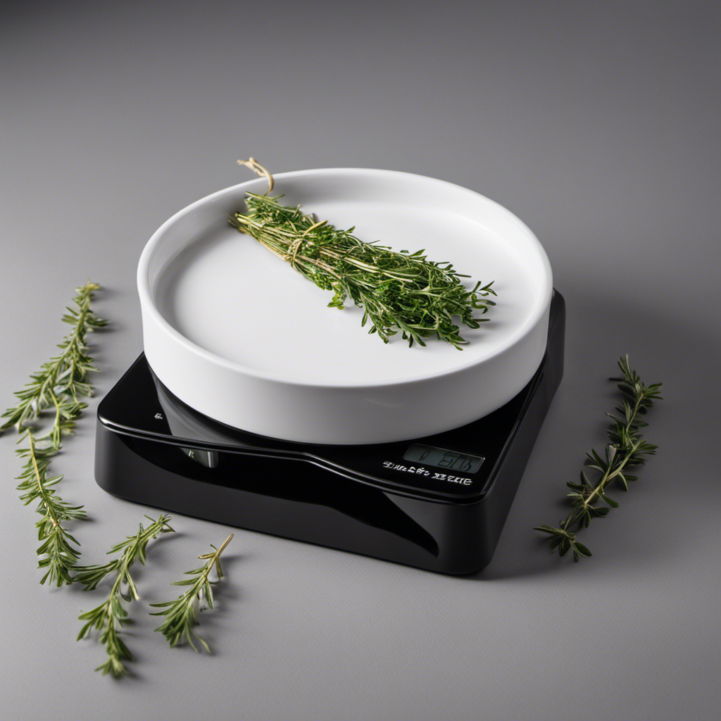 An image of a precision scale, with an elegant sprig of fresh thyme delicately placed on one side, while two teaspoons of thyme leaves fill the other side, showcasing the weight difference between them