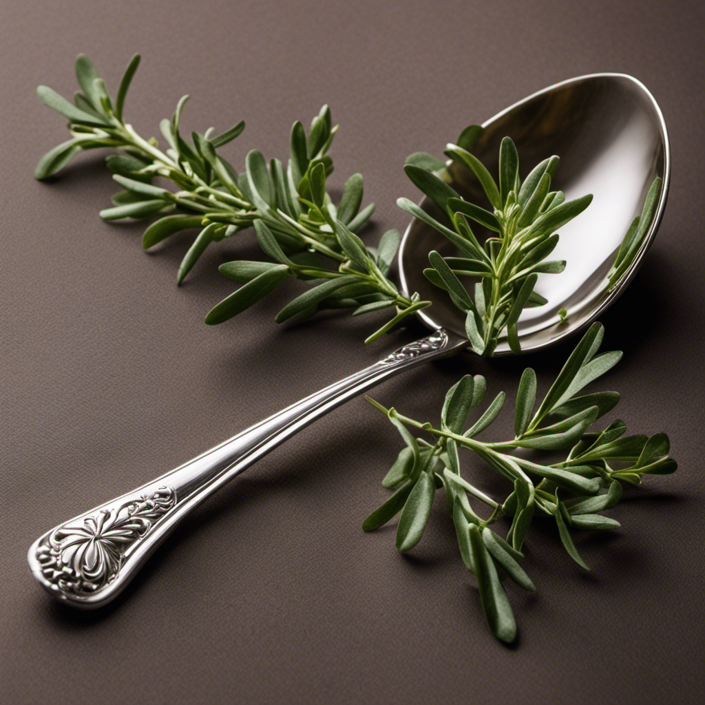 An image showcasing a pristine, gleaming silver teaspoon delicately cradling a vibrant sprig of fresh thyme