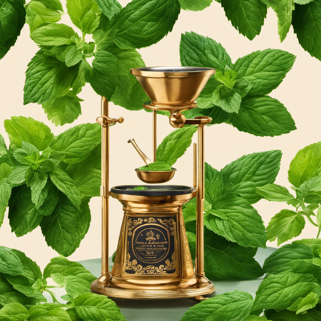 An image capturing a vibrant, steaming cup of Yerba Mate, adorned with fresh mint leaves, sitting next to a weighing scale