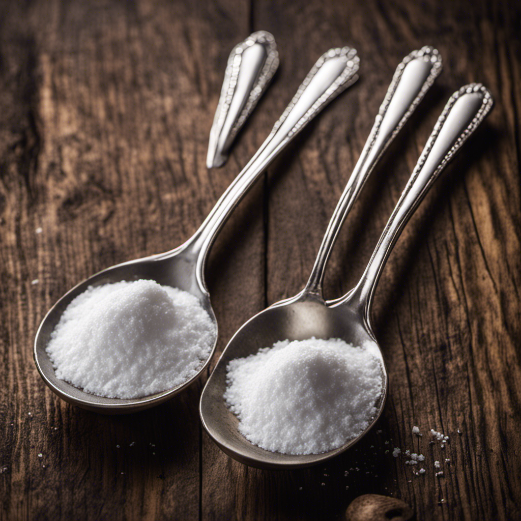 An image showcasing two shiny silver teaspoons delicately holding a perfectly measured pile of white baking soda