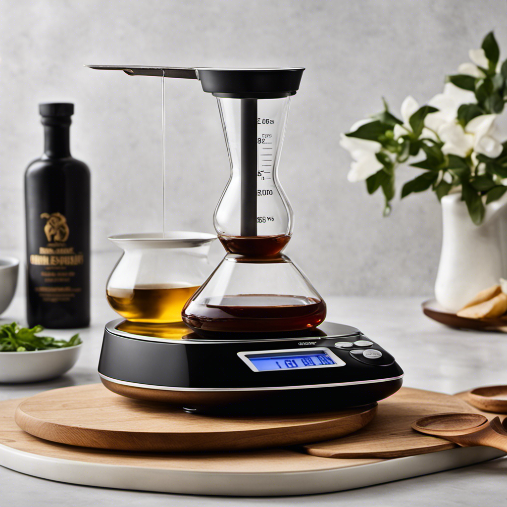 An image that showcases two precise teaspoons of rich, aromatic vanilla extract gently resting on a digital scale