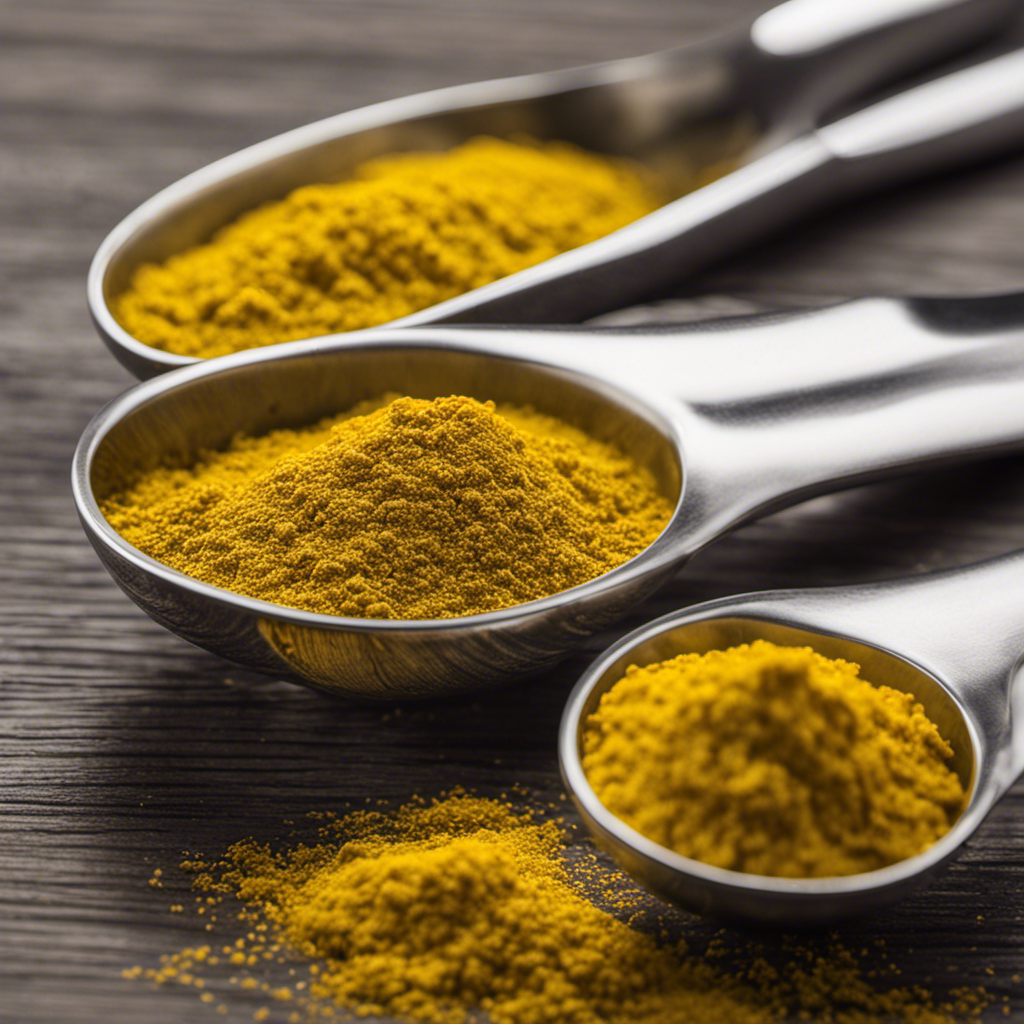 An image showcasing two identical measuring spoons, one filled to the brim with vibrant yellow dried mustard, while the other contains precisely two teaspoons of the same mustard