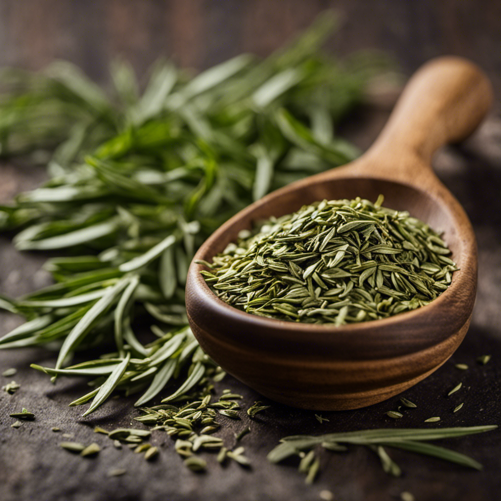 An image capturing the essence of dried tarragon: a small, delicate measuring spoon, brimming with precisely two teaspoons of vibrant green tarragon leaves, perfectly crushed, encapsulating its rich aroma and intense flavor