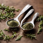 An image showcasing a measuring spoon containing 2 teaspoons of fresh thyme alongside an identical spoon filled with dried thyme, illustrating the equivalent amount