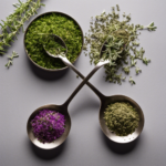An image showcasing a small measuring spoon filled with vibrant, fragrant fresh thyme alongside an identical spoon filled with finely ground dried thyme