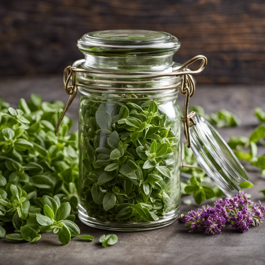 An image showcasing a small glass jar filled with 1 1/2 teaspoons of vibrant, freshly harvested marjoram leaves