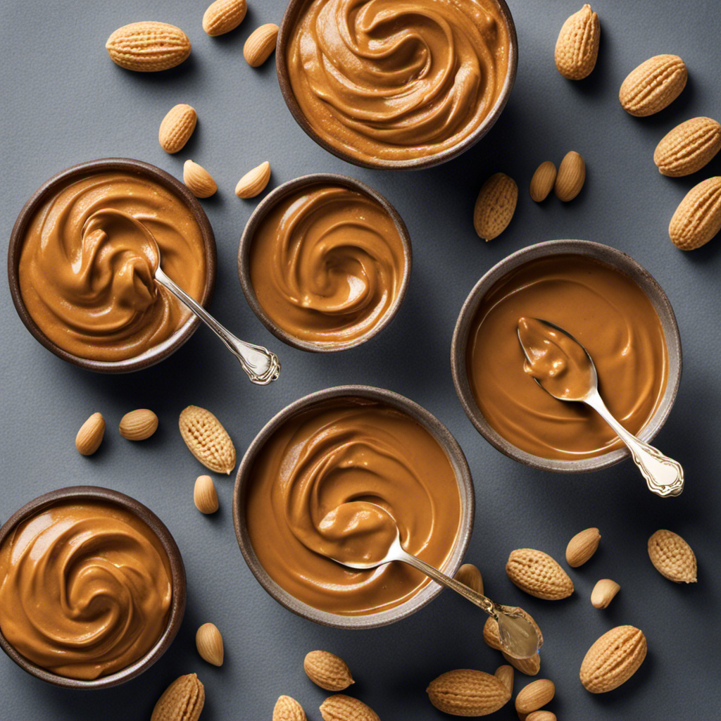 An image showcasing two level teaspoons of unsalted peanut butter, beautifully dolloped on a spoon with rich, creamy texture and golden-brown color