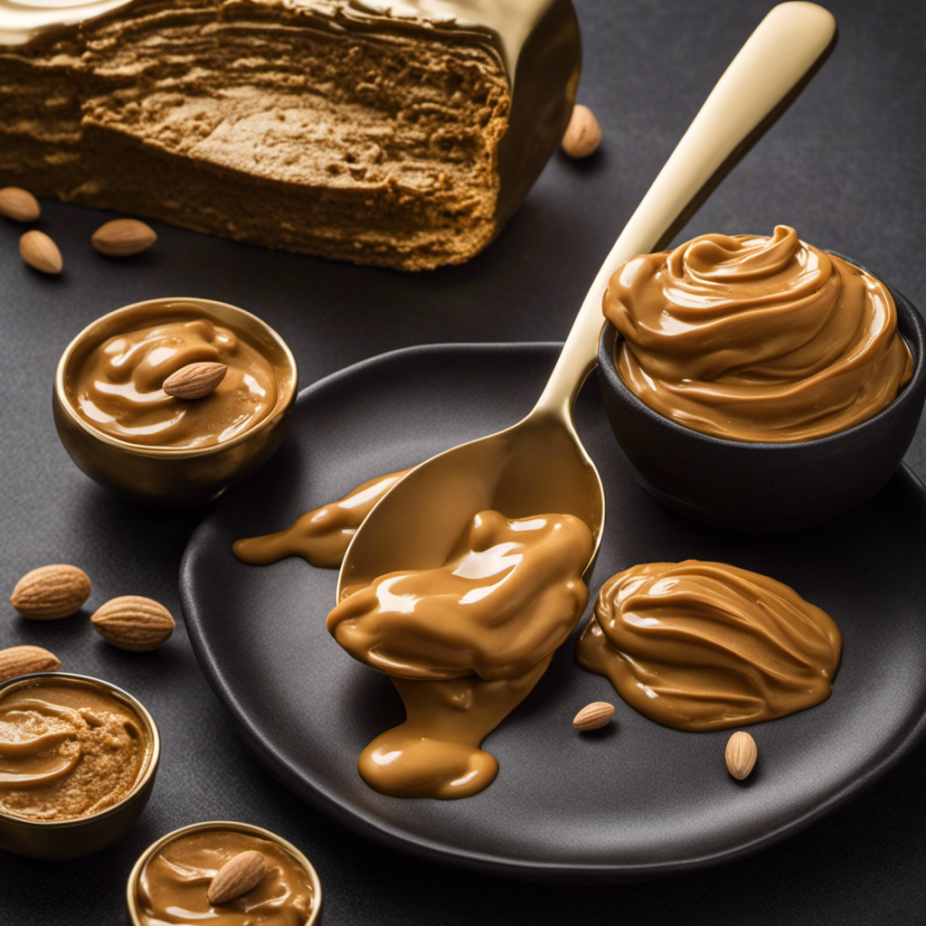 An image showcasing a measuring spoon filled with 4 teaspoons of creamy peanut butter