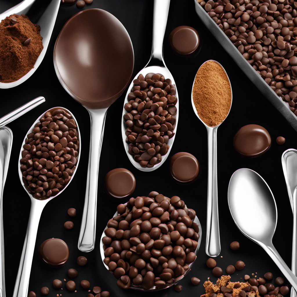 An image depicting a teaspoon filled with chocolate chips, emphasizing their rich brown color and glossy texture