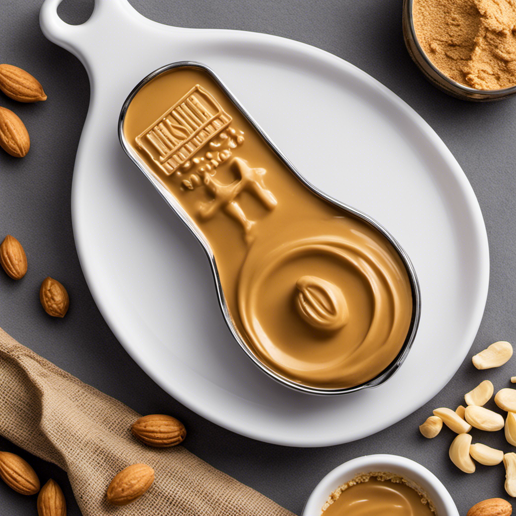 An image showcasing two heaping teaspoons of creamy peanut butter on a digital kitchen scale, displaying the precise weight of the fat content