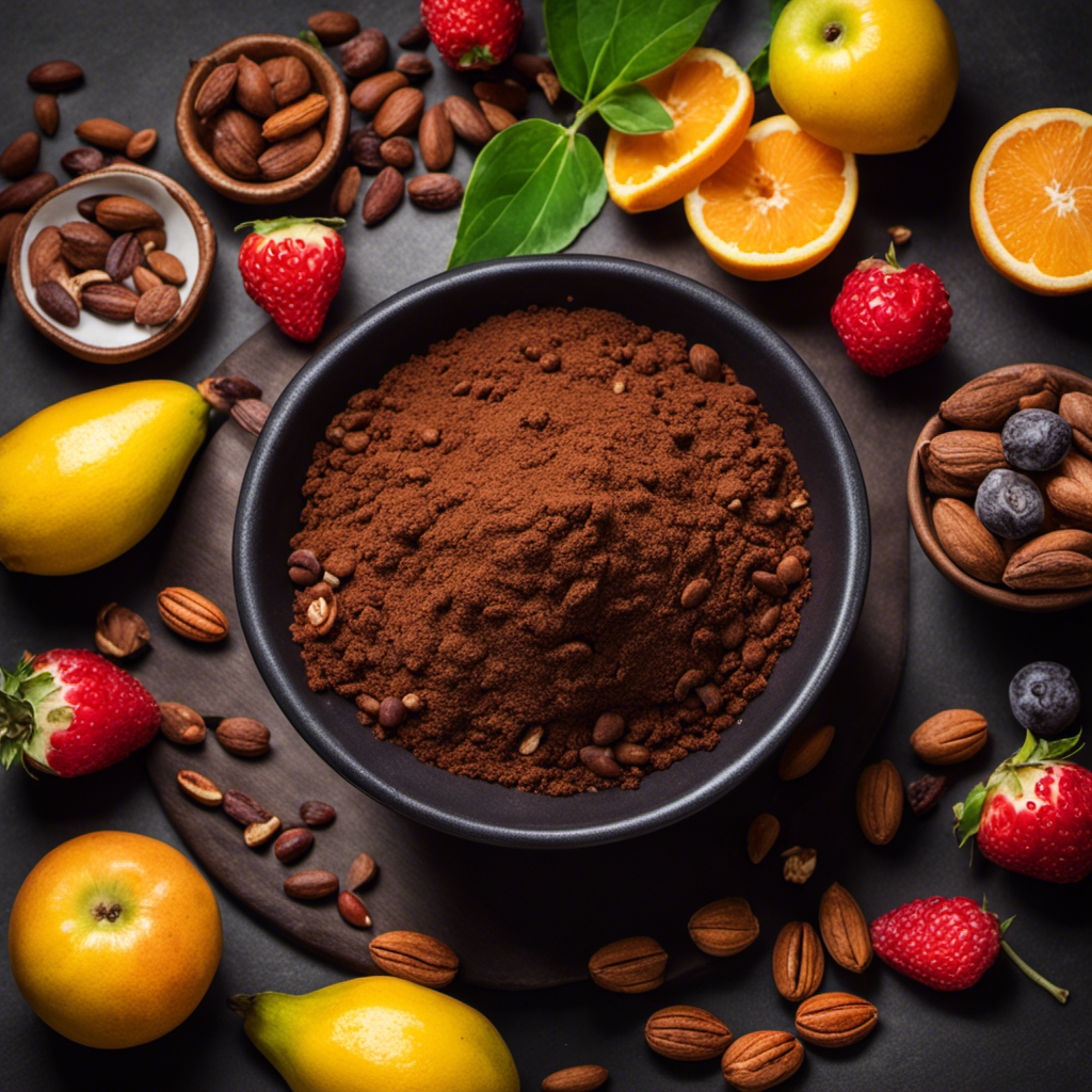 An image showcasing a close-up of a bowl filled with rich, dark raw cacao powder, surrounded by vibrant fruits, nuts, and seeds; visually expressing the abundance of fiber found in this superfood