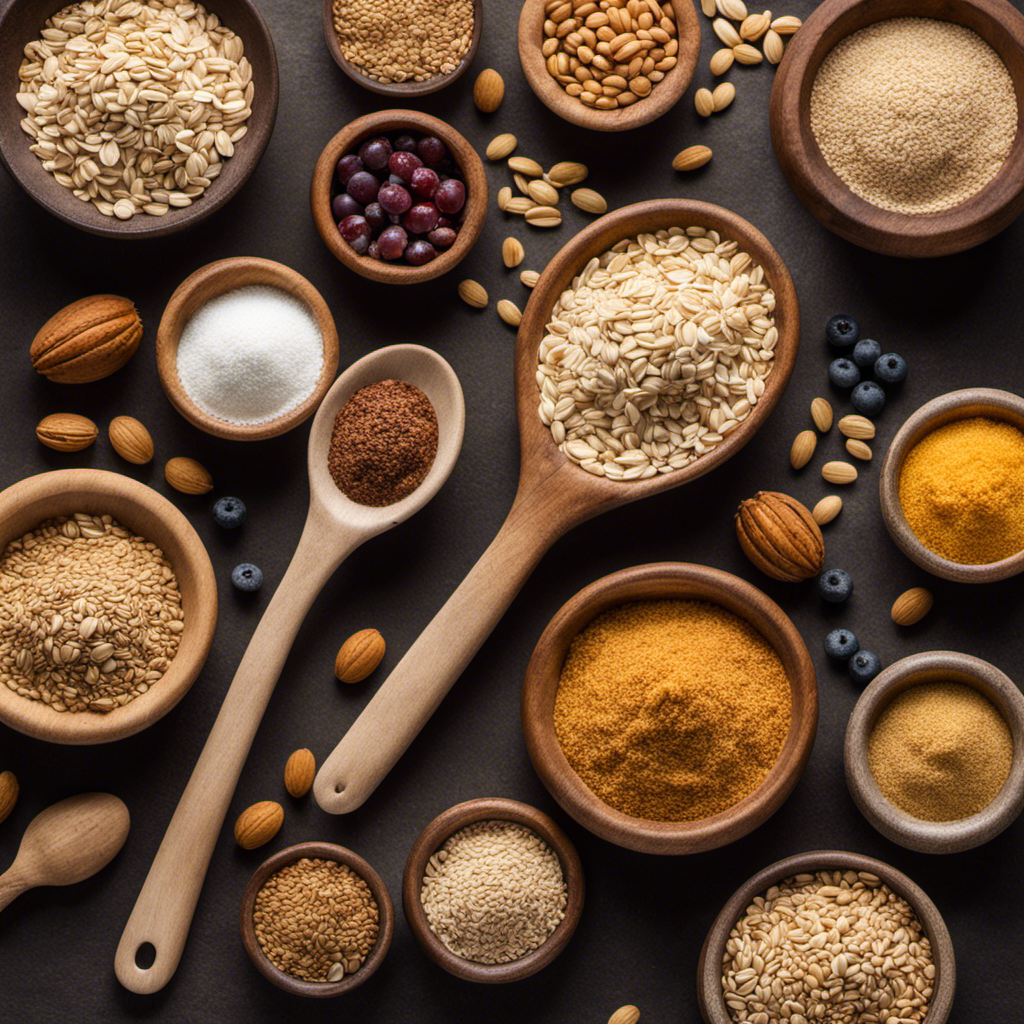 An image showcasing a measuring spoon filled with 2 teaspoons of active dry yeast, surrounded by a variety of fiber-rich foods such as oats, whole wheat bread, lentils, and fruits