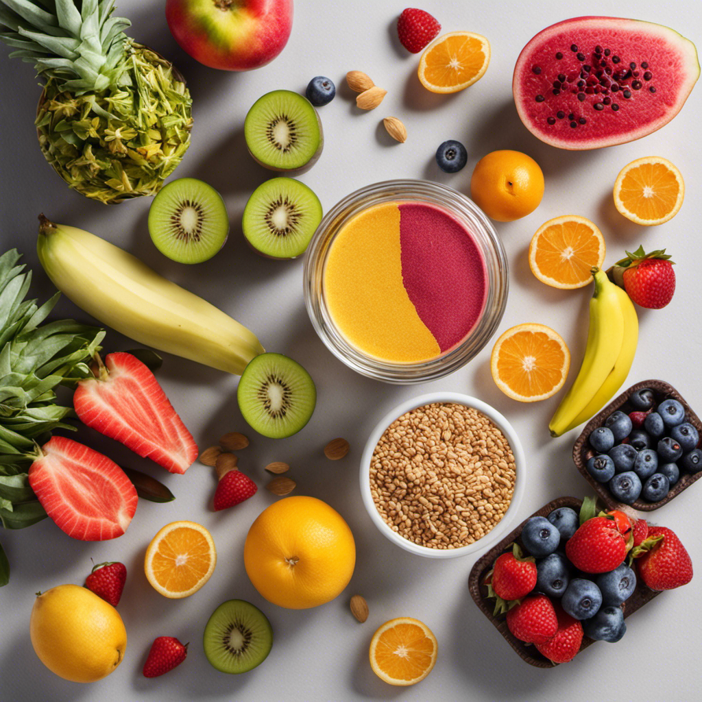 An image showcasing a clear glass filled with precisely measured 2 teaspoons of Benefiber powder, surrounded by a colorful array of various fruits, vegetables, and whole grains, illustrating the diverse fiber content of this popular supplement