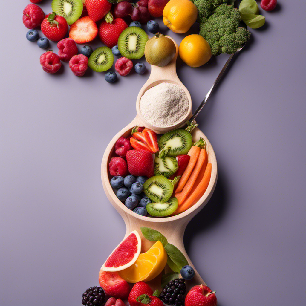 An image displaying a close-up view of a measuring spoon filled with 2 teaspoons of dietary powder, surrounded by a vibrant assortment of fiber-rich fruits and vegetables, showcasing the concept of fiber content in a visually engaging manner