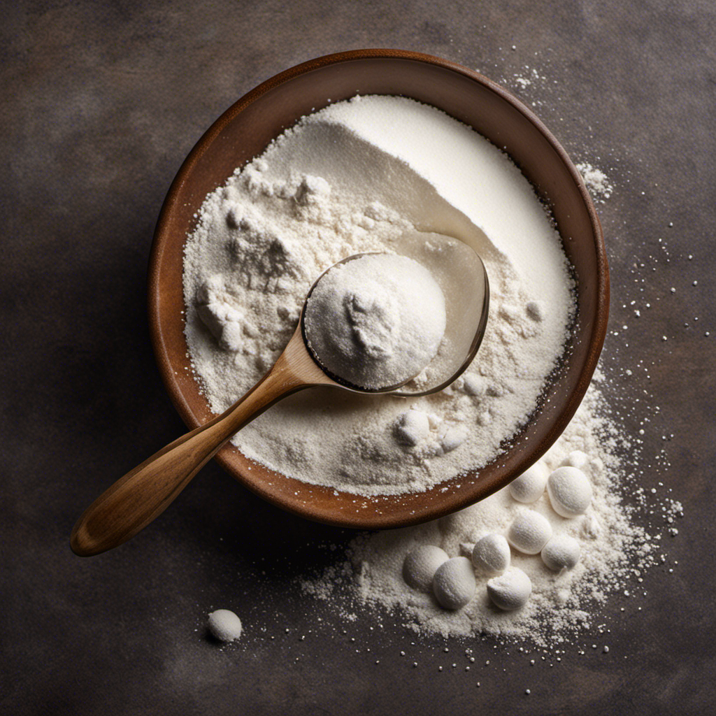 An image showcasing a measuring spoon filled with 2 teaspoons of cornstarch, surrounded by a pile of flour