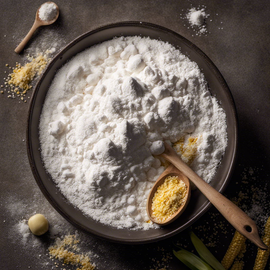 An image showcasing a measuring spoon filled with 2 teaspoons of cornstarch, placed beside a pile of flour