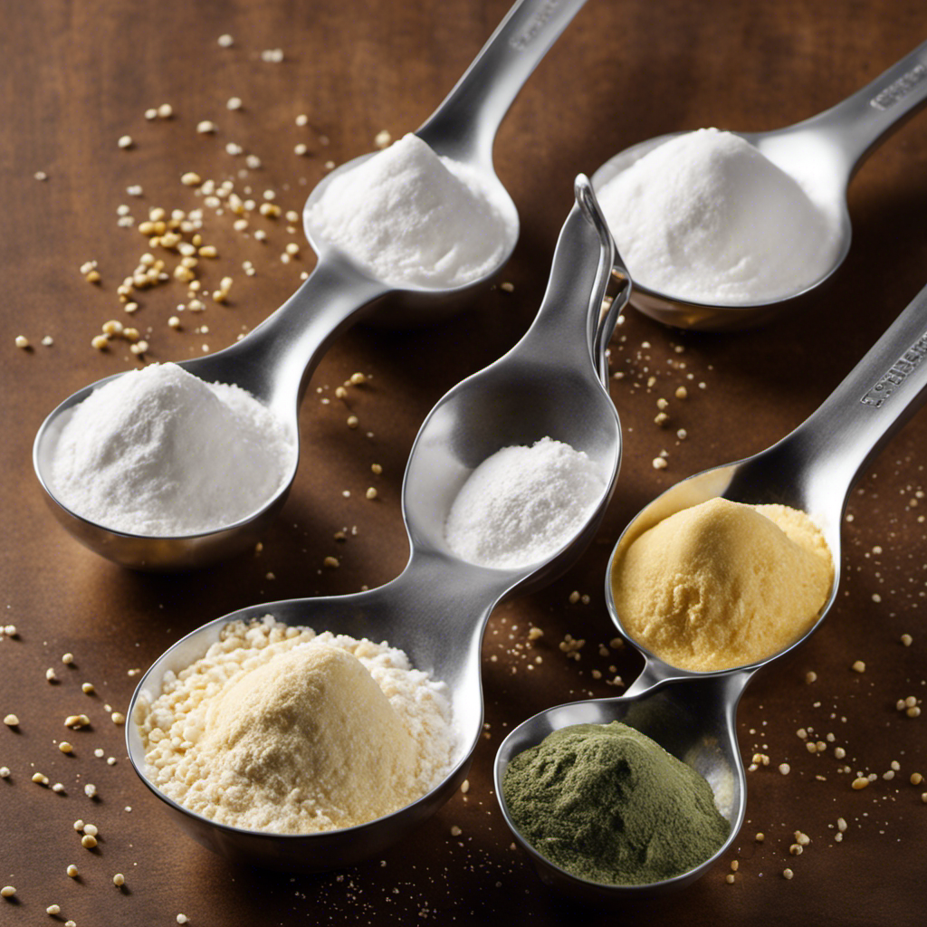An image showcasing a measuring spoon filled with exactly 2 teaspoons of cornstarch, surrounded by four different measuring spoons, each filled with varying amounts of flour, highlighting the perfect amount needed as a substitute
