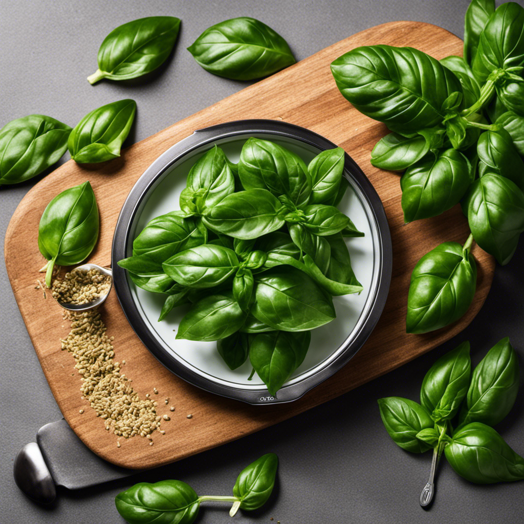 An image showcasing a vibrant bunch of fresh basil leaves neatly arranged on a kitchen scale alongside a delicate teaspoon filled to the brim with dried basil, highlighting the perfect equivalence of 2 teaspoons