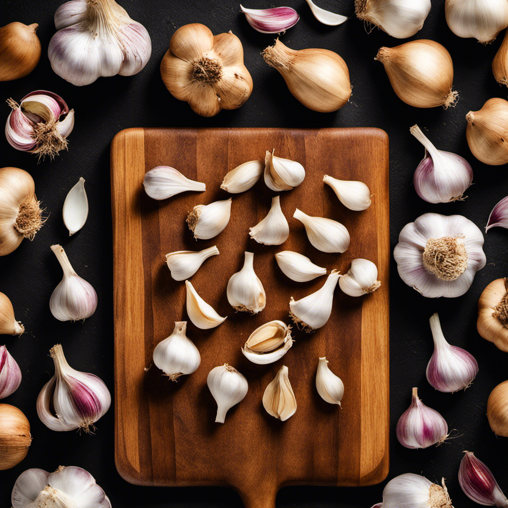 An image showcasing a wooden cutting board with a vibrant pile of freshly chopped garlic cloves, scattered around a measuring spoon filled with precisely measured teaspoons of garlic, emphasizing its health benefits