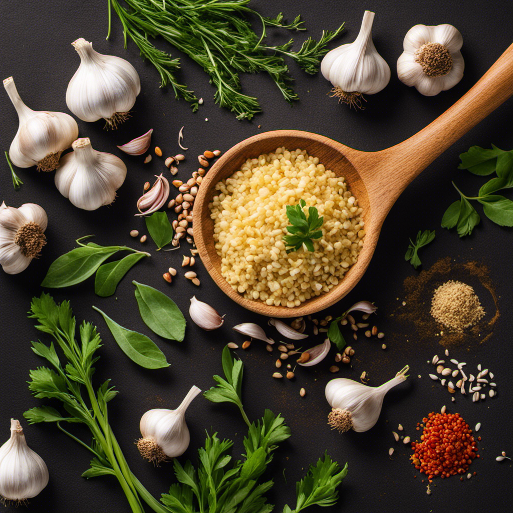 An image featuring a wooden spoon filled with freshly minced garlic, adjacent to a set of measuring spoons