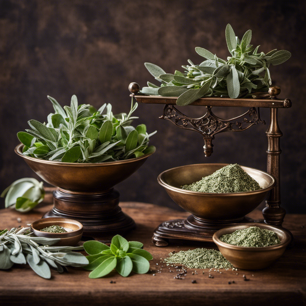 An image showcasing a vintage scale with two small bowls: one filled with luscious, vibrant fresh sage leaves, and the other with precisely measured, delicate dried sage flakes, perfectly equal to 2 teaspoons