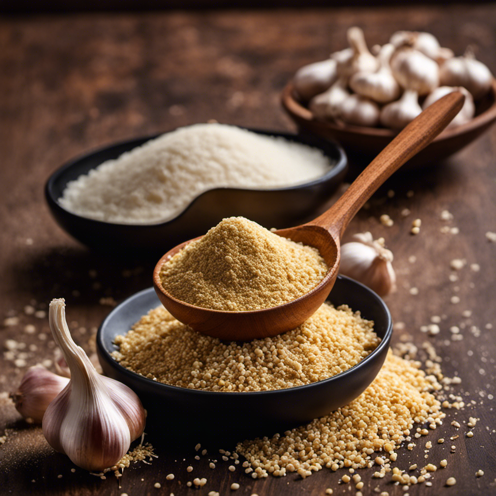 An image showcasing two small teaspoons, one filled to the brim with finely ground garlic powder, the other containing two neatly piled teaspoons of freshly minced garlic