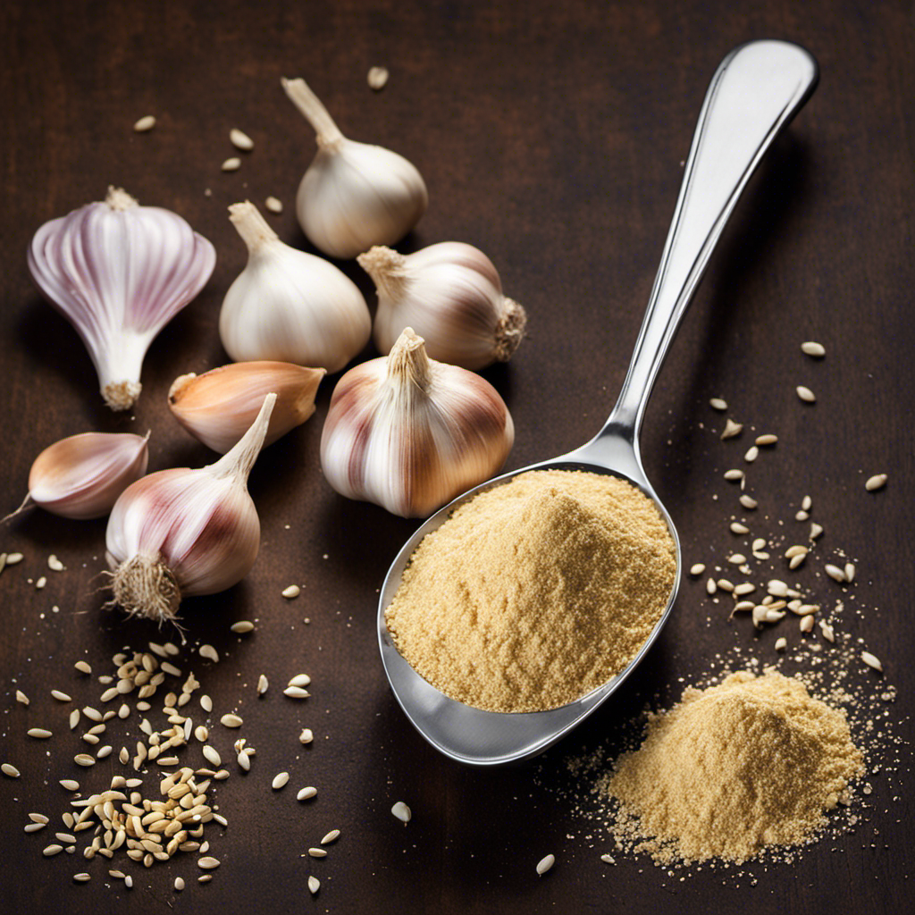 An image showcasing a measuring spoon filled with two teaspoons of minced garlic, alongside a separate container filled with garlic powder