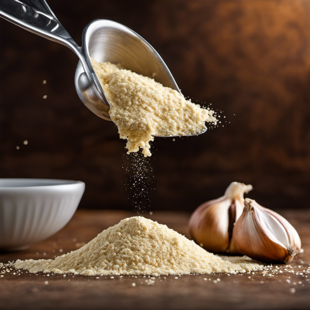 An image showcasing a measurement conversion scene: a tablespoon of garlic powder being poured into a teaspoon, with a second teaspoon filled with minced garlic beside it